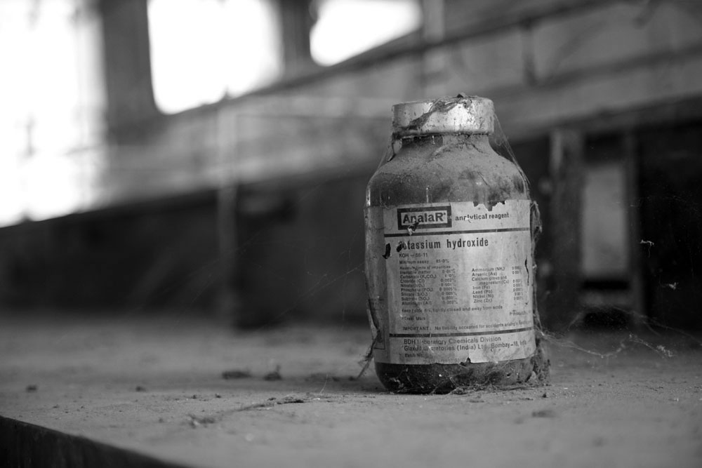 Potassium hydroxide bottle in the lab